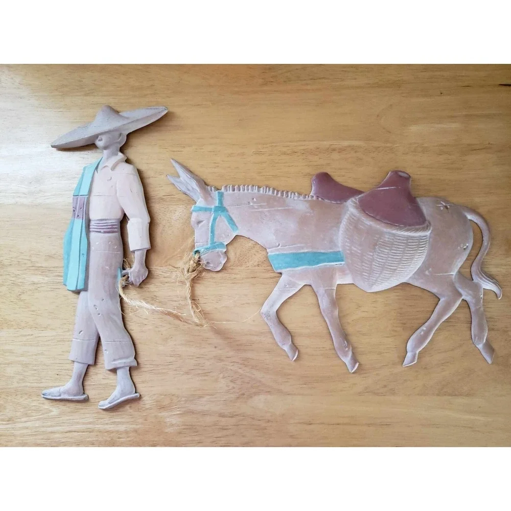 Southwestern Metal Wall Art Mexican Folk Scene Man Donkey Plaque